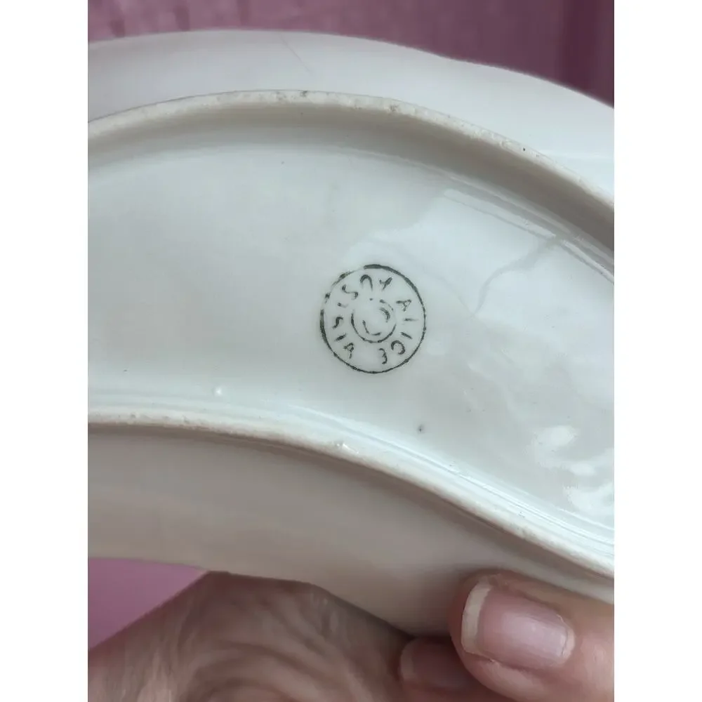 Antique Bone Crescent Salad Sauce Side Dish Bone Plate USA Pink Blossoms Vintage